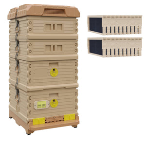 Ergo Plus Honey & Brood Beehive Set With Wood Frames and Foundations For Medium Supers. Tan color hive with yellow entrance, a tan color deep super with yellow round entrance, two tan color medium supers. - Apimaye