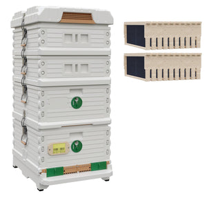 Ergo Plus White Honey & Brood Beehive Set. White hive with green entrance, white deep super with  green round entrance, two white color medium supers  with wood frames and foundations.- Apimaye