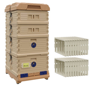 Ergo Plus Honey & Brood Beehive Set with Pro Frames for Deep Supers. Tan color hive with blue entrance, a tan color deep super with blue round entrance, two tan color medium super.- Apimaye
