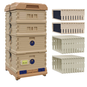 Ergo Plus Honey & Brood Beehive Set With Pro Frames For Deep Supers, Wood Frames and Foundations for Medium Supers. Tan color hive with blue entrance, a tan color deep super with blue round entrance, two tan color medium supers. - Apimaye