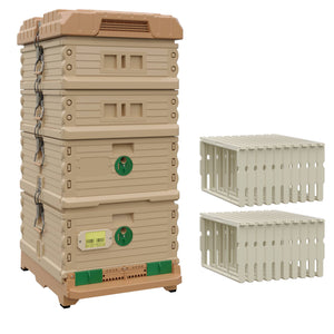 Ergo Plus Honey & Brood Beehive Set With Pro Frames. Tan color hive with green entrance, a tan color deep super with green round entrance, two tan color medium supers.- Apimaye