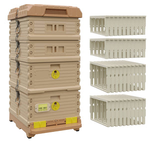 Ergo Plus Honey & Brood Beehive Set With Pro Frames for Deep Supers, Wood Frames for Medium Supers. Tan color hive with yellow entrance, a tan color deep super with yellow round entrance, two tan color medium super. - Apimaye