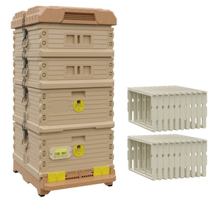 Ergo Plus Honey & Brood Beehive Set With Pro Frames for deep Supers. Tan color hive with yellow entrance, a tan color deep super with yellow round entrance, two tan color medium supers.- Apimaye