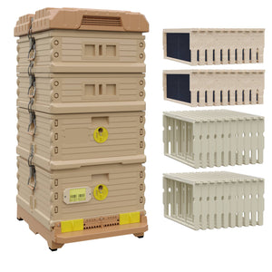 Ergo Plus Honey & Brood Beehive Set With Pro Frames for Deep Supers, Wood Frames for Medium Supers. Tan color hive with yellow entrance, a tan color deep super with yellow round entrance, two tan color medium supers.- Apimaye