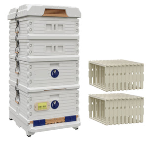 Ergo Plus White Honey & Brood Beehive  Set. White color hive with blue entrance, white color deep super with blue round entrance, additional  pro frames for brood boxes, two white medium supers- Apimaye